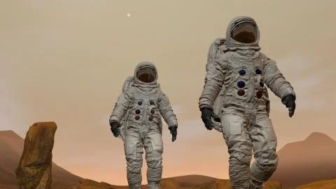 3D rendering. Colony on Mars. Two Astronauts Wearing Space Suit Walking On Th Stock Illustration