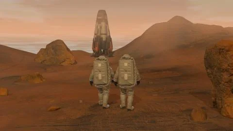 3D rendering. Colony on Mars. Two Astronauts Wearing Space Suit Walking On Th Stock Illustration