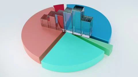 3D rendering of a color pie chart and glass bar graph with plenty of copy space Stock-Illustration