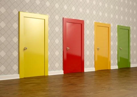 3D rendering of colored doors in a room representing the concept of choice 스톡 일러스트