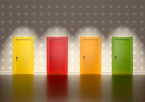 3D rendering of colored doors in a room representing the concept of choice 스톡 일러스트