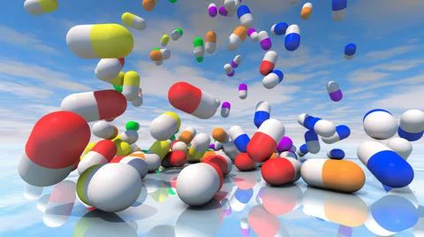 3D rendering of colored medicinal capsules and pills Stock Illustration