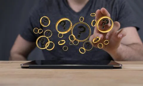 3D Rendering of colored question marks floating on a man's tablet Stock Photos