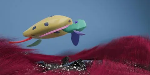 A 3D rendering of a colorful abstract-colored turtle swimming in water with p Stock Illustration
