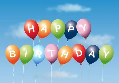A 3D rendering of colorful balloons with the text "Happy Birthday" on a cloud Stock Illustration
