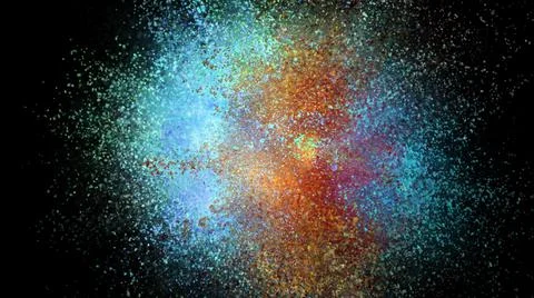 3D rendering of colorful explosion of colored particles on black background Stock Illustration