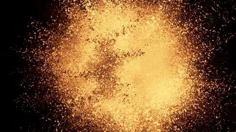 3D rendering of colorful explosion of golden yellow particles on black backgr Illustrazione stock