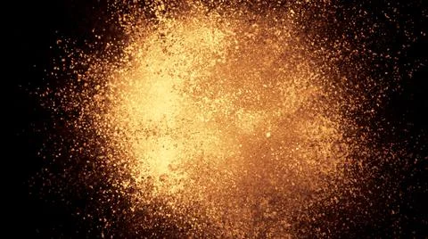 3D rendering of colorful explosion of golden yellow particles on black backgr Stock Illustration