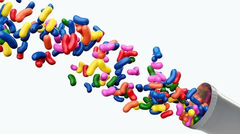 A 3d rendering of colorful jelly beans spilling out from snack wrapper pack o Stock Illustration