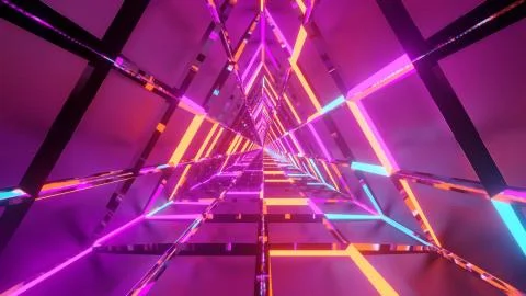 A 3D rendering of colorful lights forming a triangle on a dark pink backgroun Stock Illustration
