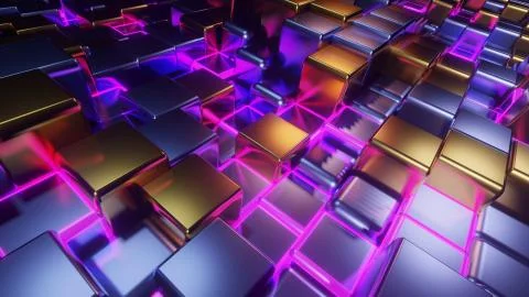 A 3D rendering of colorful neon cubical illuminated tiles of different length Illustrazione stock