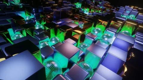 A 3D rendering of colorful neon cubical illuminated tiles of different length Illustrazione stock