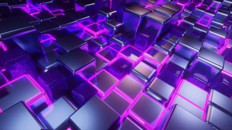 A 3D rendering of colorful neon cubical illuminated tiles of different length Stock Illustration
