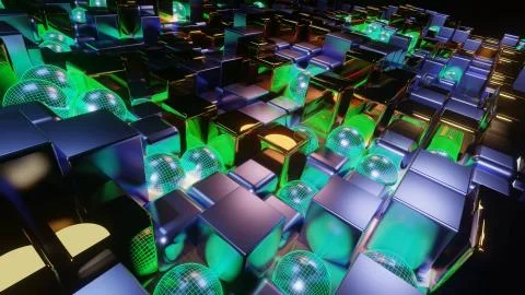 A 3D rendering of colorful neon cubical illuminated tiles of different length Illustrazione stock