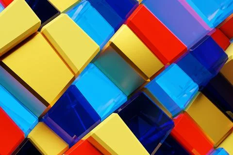 3D rendering. Colorful  pattern of cubes of different shapes. Minimalistic pa Stock Illustration
