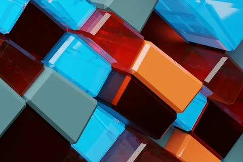 3D rendering. Colorful  pattern of cubes of different shapes. Minimalistic pa Stock Illustration