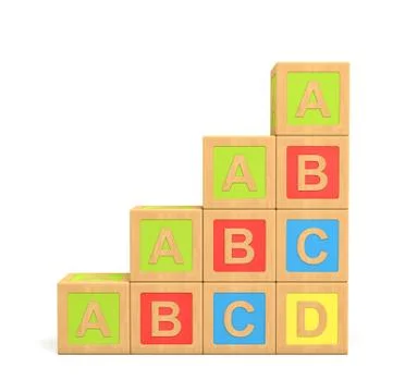 3d rendering of a colorful set of wooden building blocks with English letters Stock-Illustration