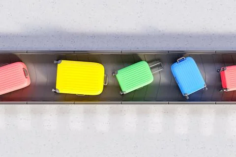 3D rendering of colorful suitcases on conveyor belt at airport Ilustración de archivo