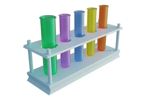 3D rendering of colorful test tubes in rack on white background 스톡 일러스트