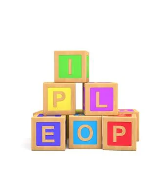 3d rendering of colorful toy blocks with different English letters isolated on a Stock Illustration