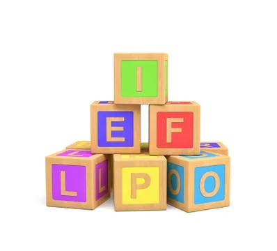3d rendering of colorful toy blocks with different English letters isolated on a Stock Illustration