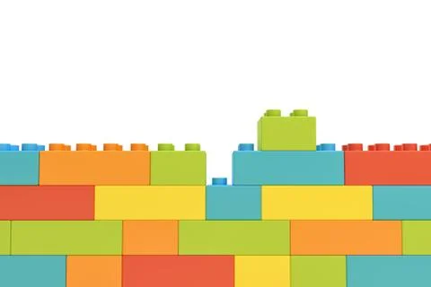 3d rendering of colorful wall made of many toy bricks with one piece staying Stock Illustration