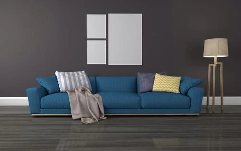 A 3D rendering of a comfortable blue sofa with colorful cushions in a room wi Illustrazione stock