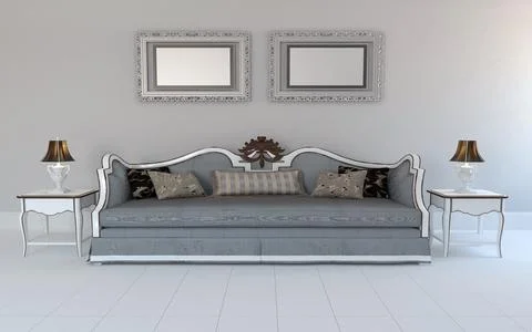 3D rendering of a comfortable gray sofa with cushions and small lamps in a ro Stock Illustration