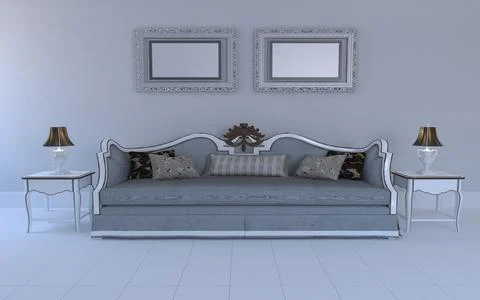 A 3D rendering of a comfortable gray sofa with cushions and small lamps in a  Stock Illustration