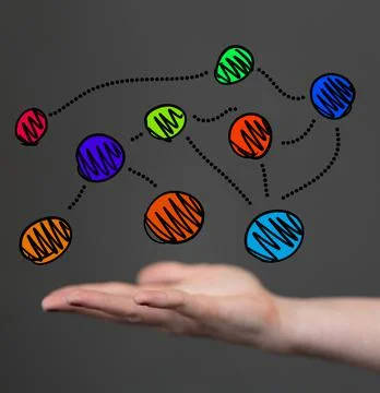 3D rendering of a communication network with colorful elements Foto stock