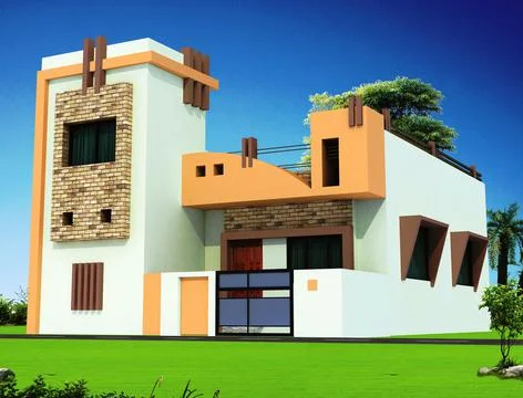 3D rendering of a compact house with orange design components Illustrazione stock
