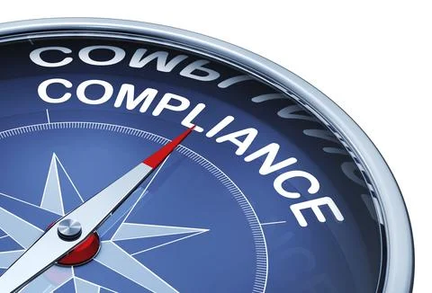 3D rendering of a compass with a compliance icon 스톡 일러스트