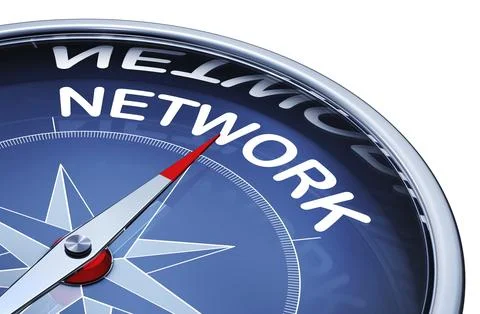 3D rendering of a compass with a network icon 스톡 일러스트
