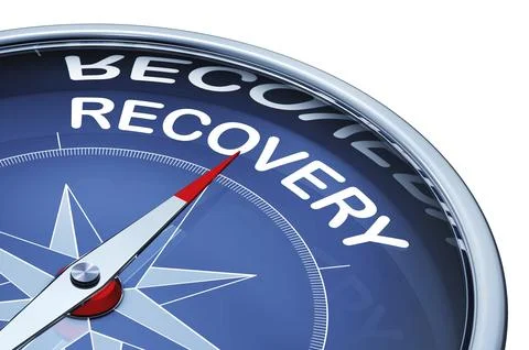 3D rendering of a compass with a recovery icon Illustrazione stock