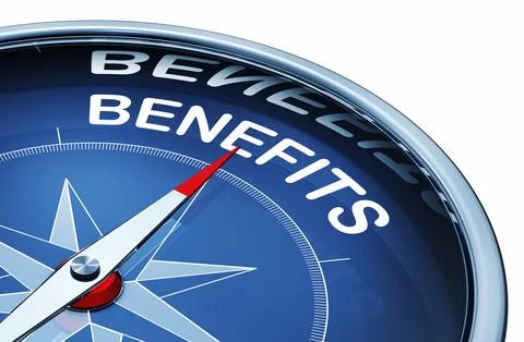 3D rendering of a compass with the word benefits Stock Illustration