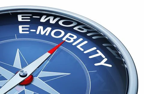 3D rendering of an compass with the word e-mobility Stock Illustration