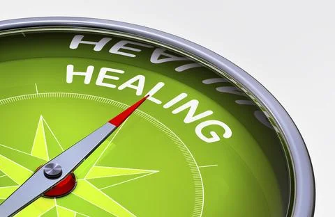 3D rendering of a compass with the word healing Illustrazione stock