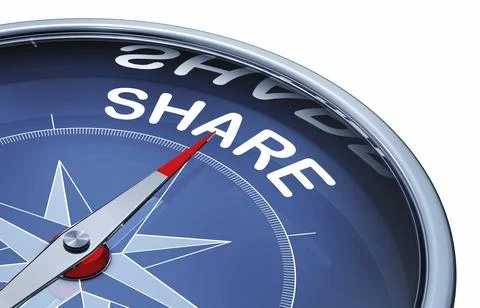 3D rendering of an compass with the word share Illustrazione stock