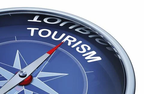 3D rendering of an compass with the word tourism Illustrazione stock