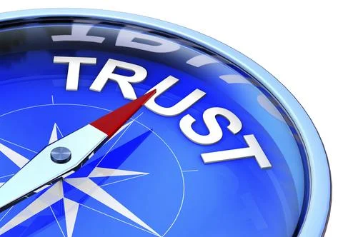 3D rendering of a compass with the word trust Illustrazione stock