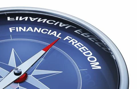 3D rendering of an compass with the words financial freedom Illustrazione stock