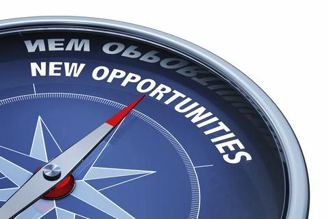 3D rendering of an compass with the words new opportunities Stock Illustration