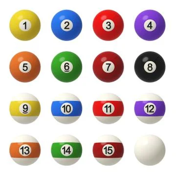 3d rendering of a complete set of billiard balls in front view with different Stock Illustration