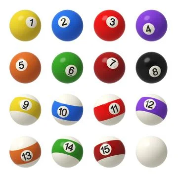 3d rendering of a complete set of billiard balls in front view with different Stock Illustration