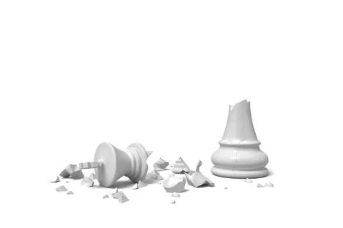 3d rendering of a completely broken white chess king lies in rubble on a white Stock Illustration