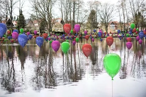 3d rendering composition of balloons on a lake Stock Illustration
