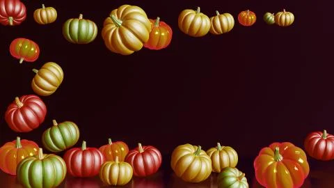 3D rendering composition with red, green and orange pumpkins on dark backgrou Stock Illustration