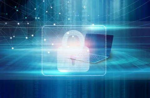 A 3d rendering of a computer and a lock on a blue background - digital securi Stock Illustration