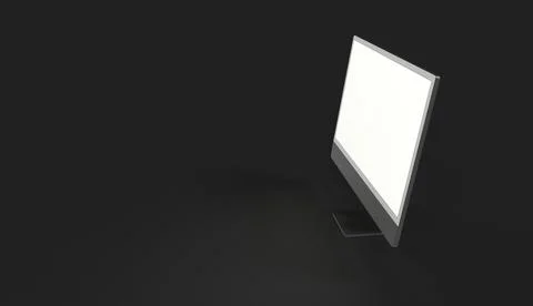 A 3D rendering of a computer with a blank screen with copy space on a black b Illustrazione stock