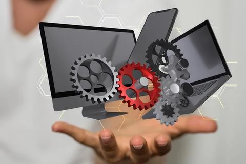 A 3d rendering of computer digital binary online and gears in hand with a whi Stock Photos